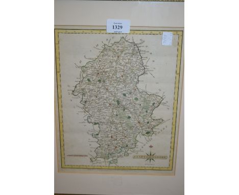 18th Century handcoloured map of Staffordshire by J. Cary, 11ins x 8ins, together with four various other prints and engravin