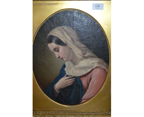 19th Century oil on canvas, portrait of the Madonna, oval gilt framed