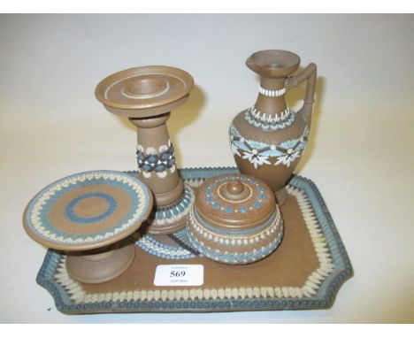 Doulton Lambeth Silicon ware dressing table tray with matching candlestick, pot and cover and pedestal dish (a/f)