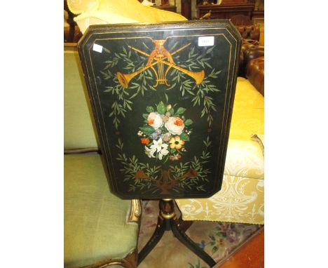 19th Century rectangular tilt top floral and harp painted pedestal table with turned column and three supports