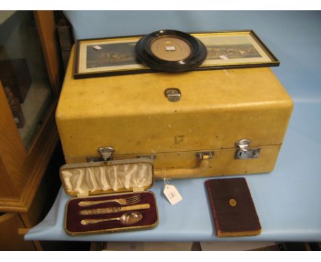 Antler pig skin case, together with a cased plated Christening set, two small reproduction hunting prints, a Robert Browning 