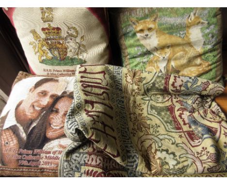 French floral decorated throw with Gothic style borders together with two machine woven tapestry cushions and another cushion