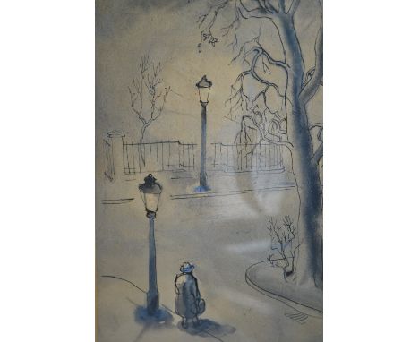 Ink and watercolour drawing, lamp lit street scene with a figure, signed with monogram R.B. together with a quantity of other