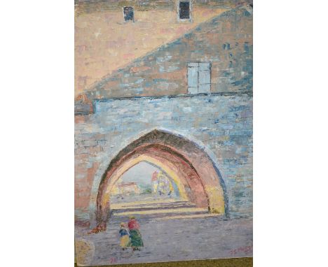 Morgan-Jones, oil on card, figures before a building with archway, together with two oils on board, portrait and nude study