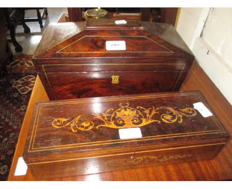 19th Century rosewood brass inlaid sarcophagus shaped tea caddy on bun supports (lacking interior) together with a 19th Centu