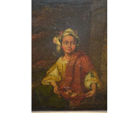 19th Century oil on slate, portrait of a seated figure wearing a red cape, unsigned, 9.5ins x 7.5ins, housed in a contemporar