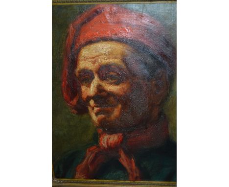 Late 19th Century gilt framed head and shoulder portrait of an Italian gentleman with a red hat, 15ins x 11ins
