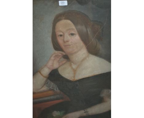 19th Century pastel portrait of a lady seated at a table, 31ins x 35ins (a/f), together with an oil on canvas, seated girl