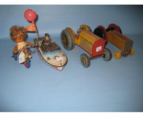 Chad Valley wooden tractor model, tin plate tractor model, tin plate patrol boat and a tin plate child on a tricycle