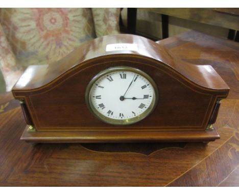 Edwardian mahogany and line inlaid mantel clock with enamel dial and Roman numerals