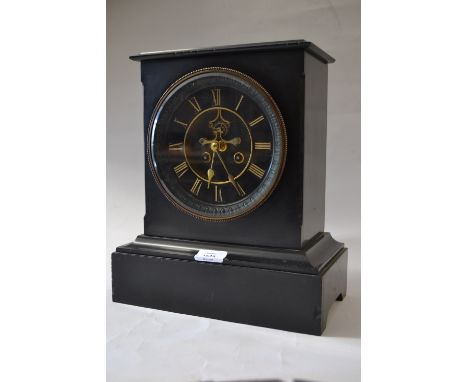 19th Century black slate mantel clock with two train movement and visible escapement, the dial with gilt Roman numerals
