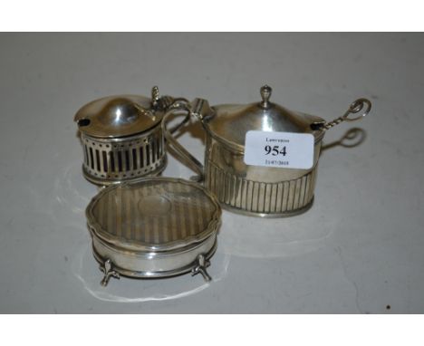 London silver oval mustard with blue glass liner, together with another later smaller plated mustard and a shaped oval silver