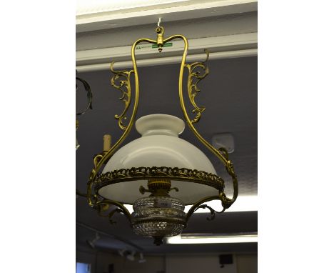 Good quality late 19th or early 20th Century gilt brass hanging oil lamp with cut glass well and opaque glass shade