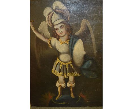 19th Century South American oil on canvas, portrait of St. Michael, unframed, 31ins x 22.5ins