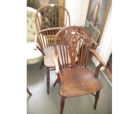 19th Century elm and beech wheel back Windsor chair (a/f) together with a 19th Century elm and beech stick back Windsor chair