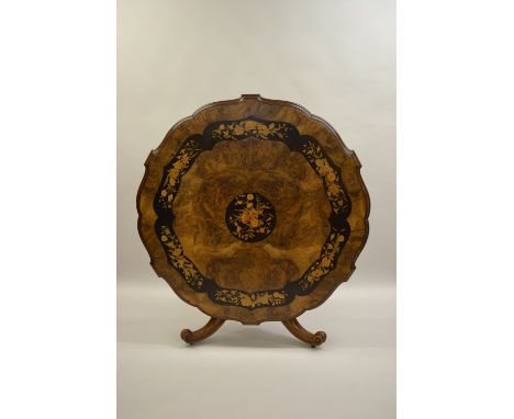 Good Victorian figured walnut and floral marquetry centre table by John Kendell and Co., Leeds, the shaped moulded top above 