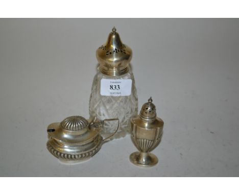 Silver mounted glass teapot stand, silver mounted glass sugar caster and two silver condiments
