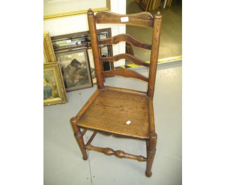 Antique elm ladder back chair, together with an oak three tier tea trolley and a vanity stand