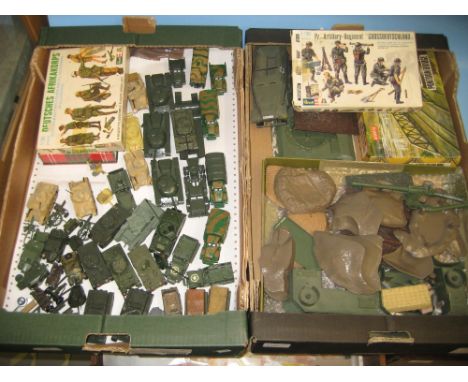 Airfix Military toys tank gun emplacements etc and similar toys in two trays