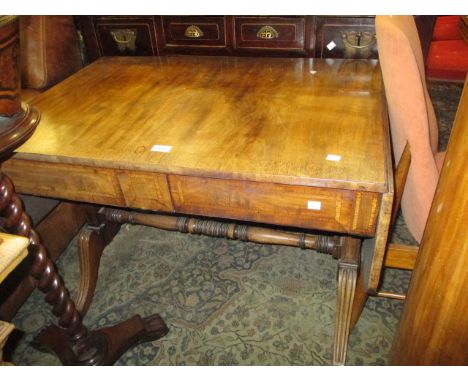 Regency mahogany and rosewood crossbanded drop-leaf sofa table with two frieze drawers raised on rectangular moulded end supp