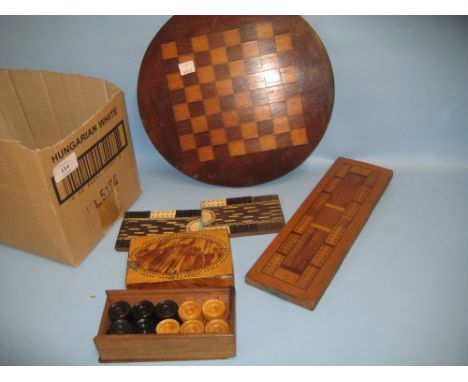 Antique tortoiseshell cribbage board / box, various other cribbage boards and chess boards etc