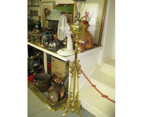 Edwardian gilt brass oil lamp standard of scroll work design with paw feet (adapted for use with electricity)