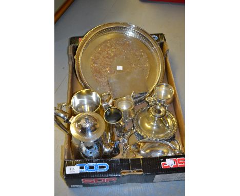 Good quality Victorian silver plated and floral engraved three piece tea service together with two plated trays and a quantit