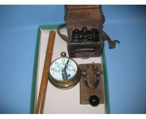 Leather cased electric meter, morse code button, dairy thermometer and treenware box and a reproduction brass cased clock