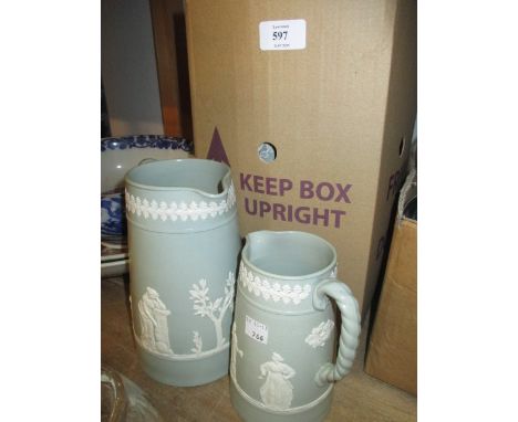 Pair of Limoges dinner plates, three German stoneware jugs, Wedgwood blue and white teapot and three similar graduated jugs