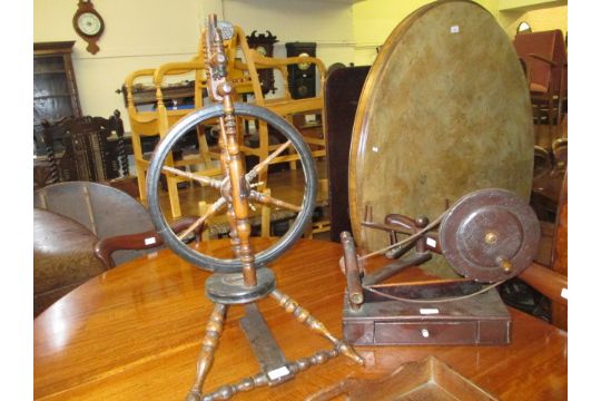 Antique Treen Ware Spinning Wheel And An Antique Belt Driven Wool Carding Device