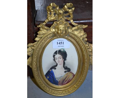 19th Century watercolour portrait miniature of a classical maiden in an ormolu frame together with another gilt framed portra