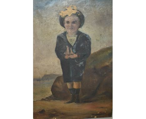 19th Century oil on canvas, portrait of a boy in sailors uniform in a coastal background (a/f), unframed