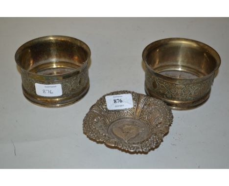 Birmingham silver Queen Victoria Jubilee trinket dish together with a pair of circular plated bottle coasters