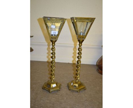 Pair of brass lantern form table lamps with open barley twist columns and hexagonal bases