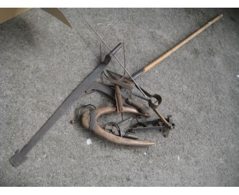 Wrought iron tool, a fencing foil and a quantity of other miscellaneous tools etc.