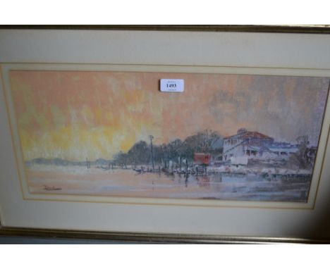 Continental school, pastel, ' Evening Light, Burano ', indistinctly signed, 9ins x 20.5ins, together with a print of The Prio