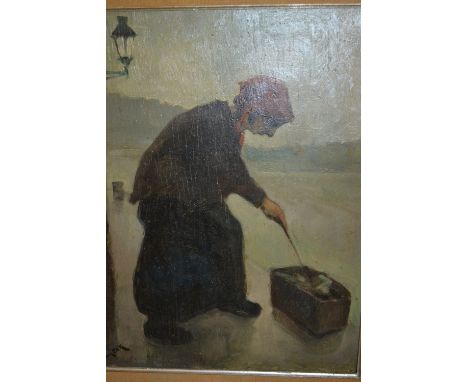 E. Mortier, signed oil on panel, naive study of an old lady with a stick, 19ins x 15ins