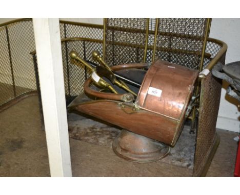 Two brass and wire work fire guards, a brass and wire work folding fire guard, a pierced brass fire guard and a various fire 