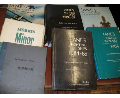 1950's Humber factory workshop manual together with a Morris Minor workshop manual and a quantity of Janes volumes