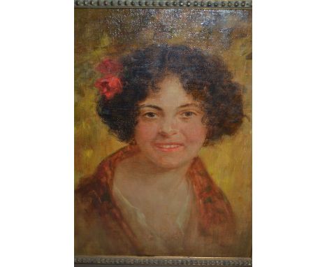 Late 19th / early 20th Century oil on canvas, portrait of an Italian girl with flower in her hair, 14ins x 11ins