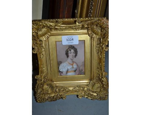 19th Century watercolour, portrait miniature of a girl wearing a white dress and gold necklace, inscribed verso, ' Miss Ellen