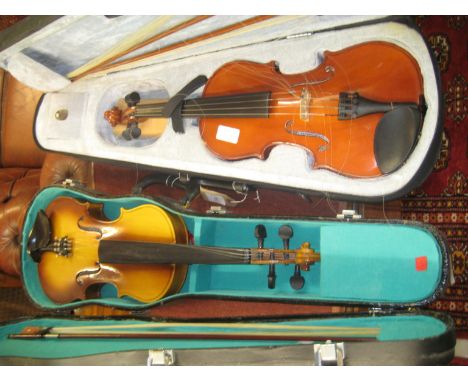 20th Century Chinese violin with bow in fitted case, the violin labelled Lark, violin with two bows in a fitted case, marked 