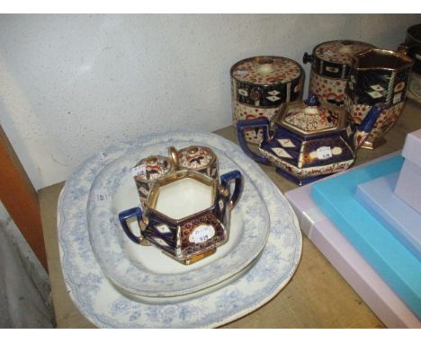 Two 19th Century blue and white meat plates together with an Imari pattern tea service