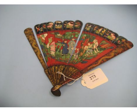 19th Century Chinese painted ivory fan depicting figures on a monkey shoot and figures in a garden, the outer sticks decorate