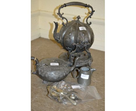19th Century embossed pewter kettle on stand with burner, pewter teapot, cream jug and quantity of plated flatware