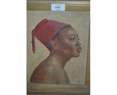 Oil on card, head and shoulder portrait of a nubian native, 9.5ins x 7ins, gilt framed