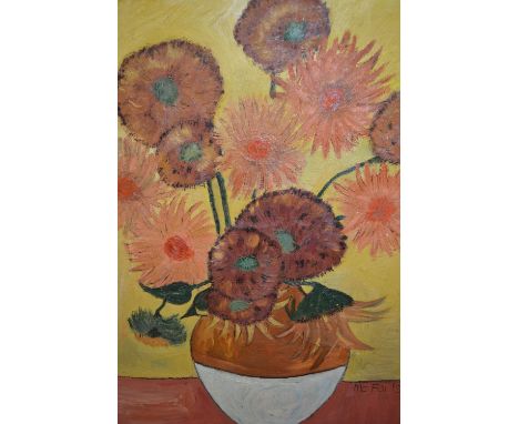 Mo McFarlane, 20th Century oil on board, after Van Gogh ' Sunflowers ', signed, 26ins x 20ins, gilt framed
