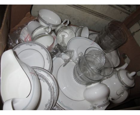 Royal Doulton York pattern tea service, a set of five etched glass finger bowls and a set of four 19th Century tot glasses wi