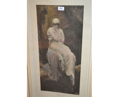 Large coloured lithograph, portrait of a girl ' Solitude ', gilt framed, together with a coloured print of a girl after Marcu