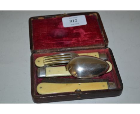 19th Century leather cased silver mounted campaign fork, spoon and knife with a steel blade, Sheffield 1857